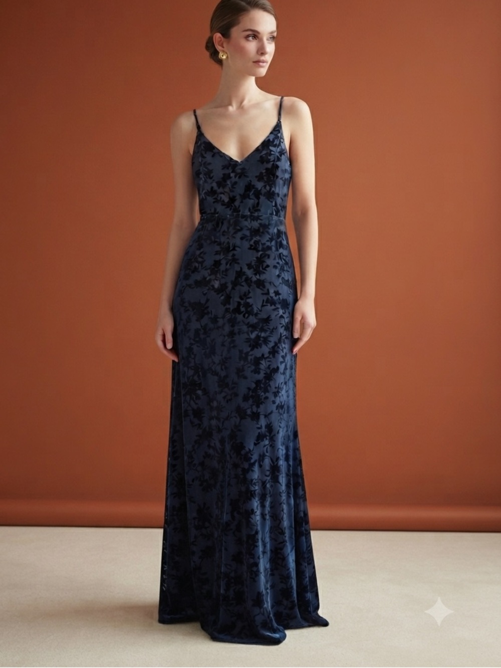 LULUS Floral Velvet Burnout Maxi Slip Dress XS 15.5” p2p Navy $150 Retail NWT
